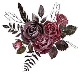 Watercolor dark roses and leaves arrangement, vintage Victorian gothic style botanical illustration. Boho floral design. - 624372581