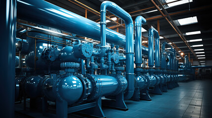 A row of blue pipes and valves in a building. Generative AI. Industrial boiler room and water factory.