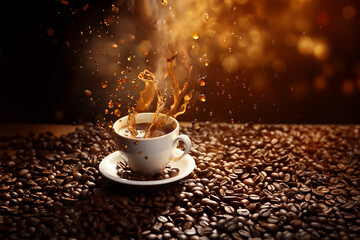 Cup of coffee, expresso with coffee splash on coffee bean background - obrazy, fototapety, plakaty