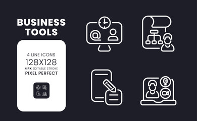 Business tools white linear desktop icons on black. Productivity software. Operations management. Pixel perfect 128x128, outline 4px. Isolated interface symbols pack for dark mode. Editable stroke