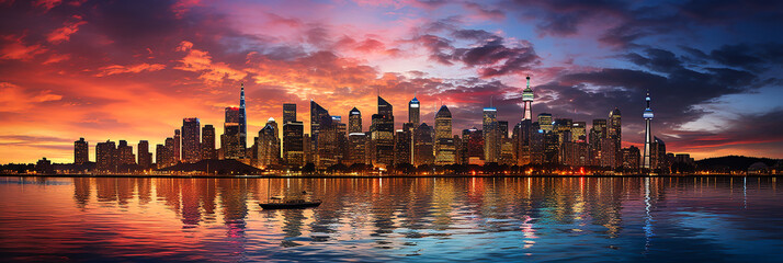 Fototapeta na wymiar Evening fireworks over a large city lit by the setting sun. AI generative.