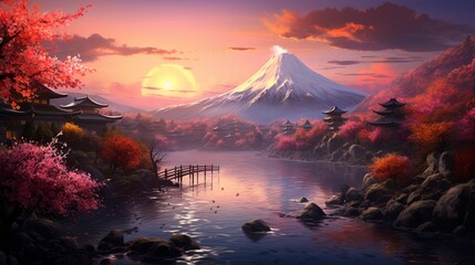 beautiful scenery mountain in japanese illustration background - obrazy, fototapety, plakaty