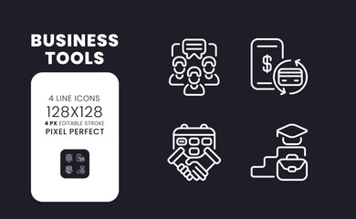 Business tools white linear desktop icons on black. Communication software. Productivity improvement. Pixel perfect 128x128, outline 4px. Isolated interface symbols pack for dark mode. Editable stroke