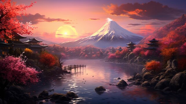 beautiful scenery mountain in japanese illustration background