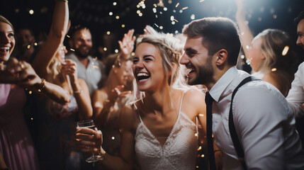 A joyful wedding party celebrating on the dance floor, surrounded by twinkling lights and vibrant decorations Generative AI - obrazy, fototapety, plakaty