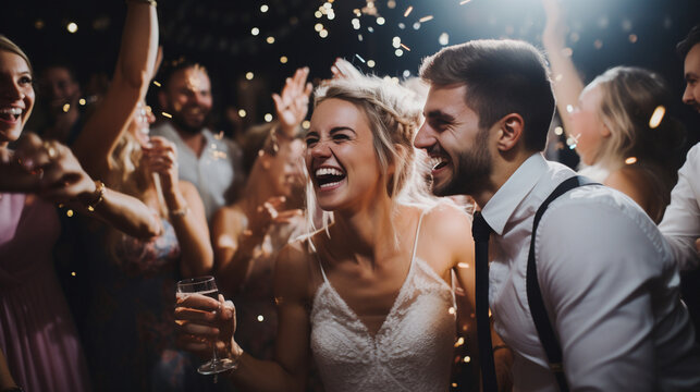 A joyful wedding party celebrating on the dance floor, surrounded by twinkling lights and vibrant decorations Generative AI