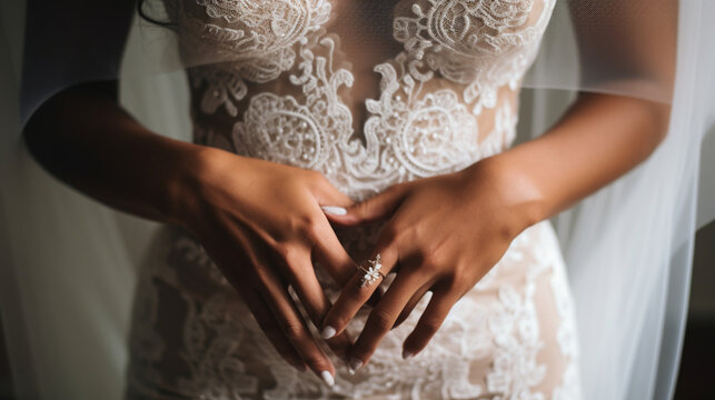 A stunning close-up of the bride's hands delicately holding her veil, capturing the intricate lace and details Generative AI