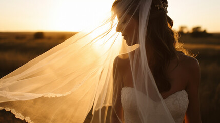 A candid shot of the bride's veil catching the golden sunset rays, evoking a sense of romance and bliss Generative AI