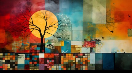 Abstract background with tree. Colorful background image collage style. Generative AI.