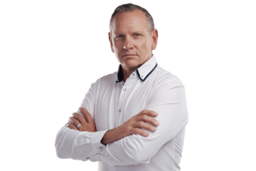 Serious, crossed arms and portrait of a senior businessman with confidence for leadership and pride. Professional senior male corporate lawyer from Australia isolated by a transparent png background.