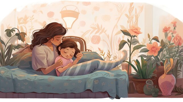 Mother and little baby in bedroom. Kids baby children book and lullaby story nursery illustration graphic. World mother's day concept. Generative AI