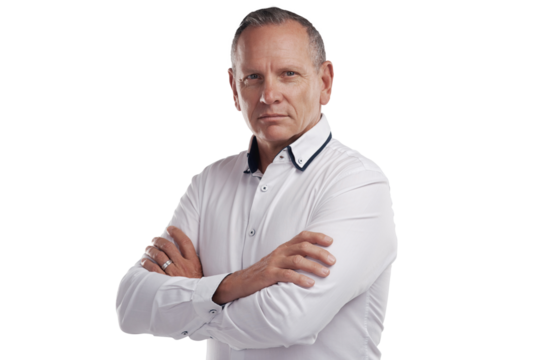 Serious, crossed arms and portrait of a senior businessman with confidence for leadership and pride. Professional senior male corporate lawyer from Australia isolated by a transparent png background.