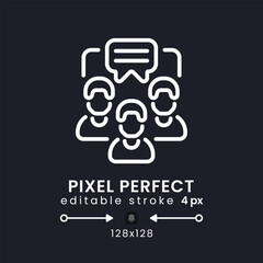 Team messaging white linear desktop icon on black. Small business. Communication software. Pixel perfect 128x128, outline 4px. Isolated user interface symbol for dark theme. Editable stroke