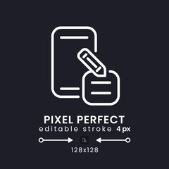 Note taking apps white linear desktop icon on black. Digital tool. Business productivity. Pixel perfect 128x128, outline 4px. Isolated user interface symbol for dark theme. Editable stroke
