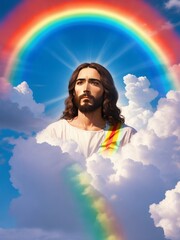Jesus with Fantasy magical landscape the rainbow on the sky.