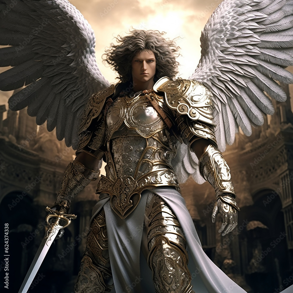 Wall mural Graphic and biblical representation of the Archangel Michael. AI generativ.