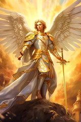 Fototapeta premium Graphic and biblical representation of the Archangel Michael. AI generativ.