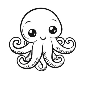 Sea Octopos , simple thick lines kids or children cartoon coloring book pages . No Background, Generative AI