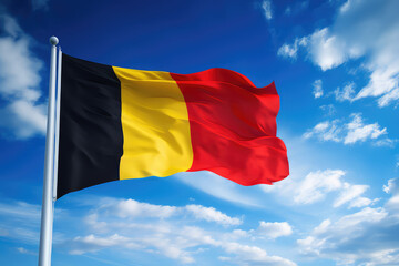 Belgium flag flying in the wind on a flagpole against a blue sky with clouds. Black yellow red Belgian flag wallpaper.  