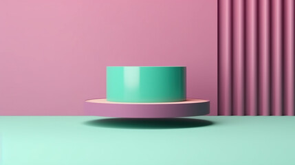 Round podium on mint green, cyan and magenta background. Simple product pedestal, Generative AI.