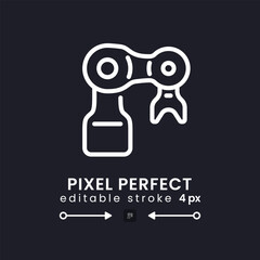 Mechanical arm white linear desktop icon on black. Artificial intelligence. Manufacturing robot. Pixel perfect, outline 4px. Isolated user interface symbol for dark theme. Editable stroke