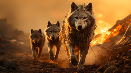 A group of wolfs walking down a dirt road. Generative AI. Wild animals escape forest fire.