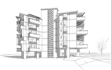 Modern building sketch 3d illustration