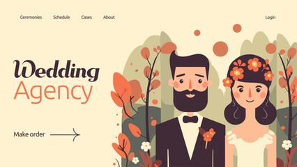 Marriage or wedding concept in flat vector design. Bride with flowers and groom just married illustration. Save the date web banner.