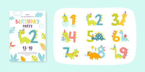 Children's birthday invitation with cute dino and set of numbers. Kids birthday party card with dinosaurs collection.