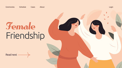 Women friendship concept in flat vector design. Lesbian female couple hugging as metaphor of empathy and support. Girls in love ot relationship. Web banner layout template