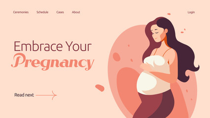 Pregnancy concept in flat vector design. Happy pregnant woman holding her belly. Motherhood illustration, beautiful elegant young mom and child. Web banner layout template