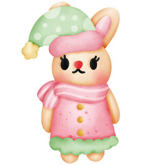 Single bunny christmas with red scarf and green hat illustration