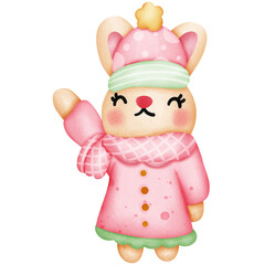 Single girl bunny christmas with red green scarf and hat illustration