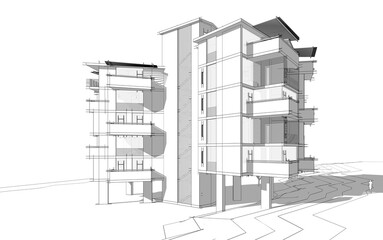 Modern building sketch 3d illustration