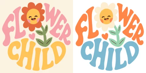 Fototapete Positive Typografie Groovy lettering Flower child. Retro slogan in round shape. Trendy groovy print design for posters, cards, tshirt.