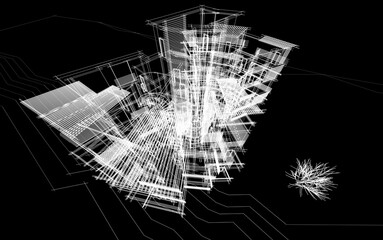 Modern building sketch 3d illustration