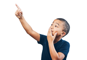 Child, pointing finger and advertising or surprise, choice or attention. Inspiration, announcement and latino kid isolated on a transparent, png background with hand on mouth for wow promotion deal