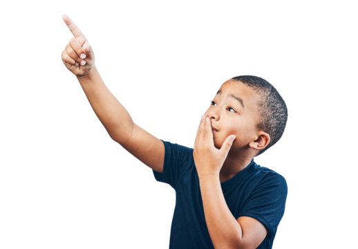Child, pointing finger and advertising or surprise, choice or attention. Inspiration, announcement and latino kid isolated on a transparent, png background with hand on mouth for wow promotion deal