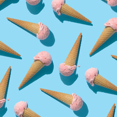 trendy seamless pattern of strawberries ice cream and hard shadow isolated on blue background, creative decoration of summer concept