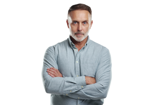 Portrait of confident man with arms crossed and serious face isolated on transparent png background. Confidence, pride and mature businessman as proud and professional business owner as a CEO
