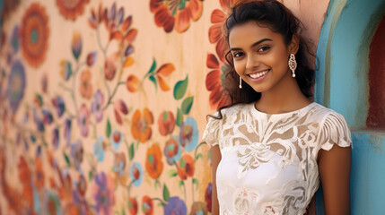 Colorful Wall with Florals - Modern Indian Woman in White Dress - AI-GENERATED