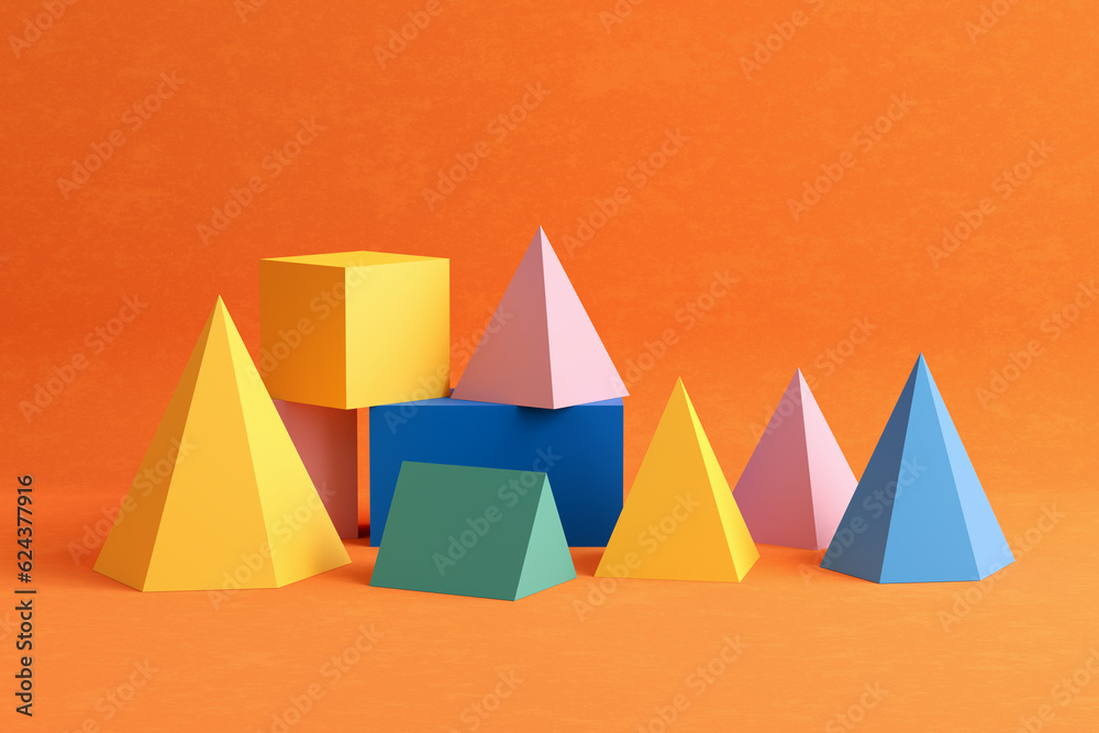 Aufkleber three-dimensional prism pyramid and rectangular cube objects on orange colored background.