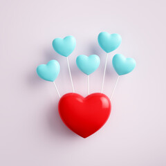 Heart shaped balloons concept. Tiny blue hearts connected with a big red heart on pink background.