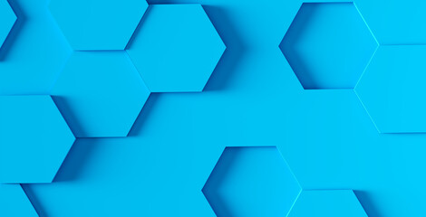 Abstract hexagon geometrical shapes on blue background. Wallpaper background backdrop mockup.