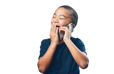 Child, phone call and laughing or talking for communication with network connection. Smartphone, technology and latino kid isolated on a transparent, png background for funny conversation or chat