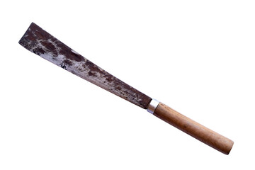 Handmade traditional weapons in Local of old long rusty big knife from old wood and steel isolated on a transparent background,PNG file