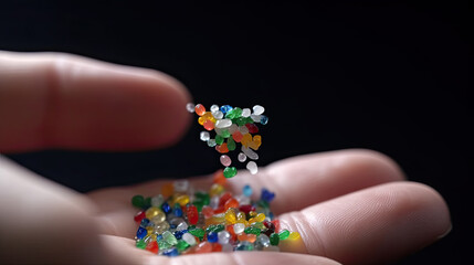 Small Plastic pellets on the finger. Micro plastic. Water pollution