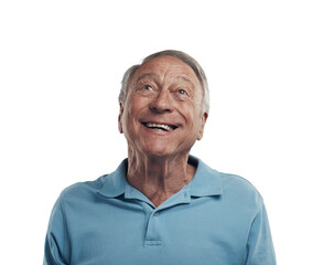 Happy, excited and face of senior man with smile on isolated, png and transparent background. Happiness, thinking and elderly male person with wow expression, positive attitude and ideas for promo - obrazy, fototapety, plakaty