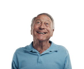 Happy, excited and face of senior man with smile on isolated, png and transparent background. Happiness, thinking and elderly male person with wow expression, positive attitude and ideas for promo