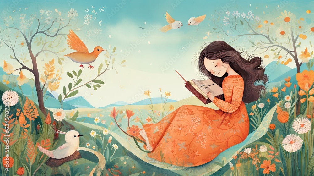 Wall mural little girl in the big forest or grass meadow adventures reading book in fairy tales. cartoon drawin